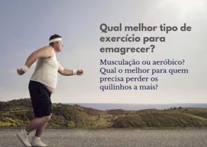 Homem acima do peso correndo em esteira ao lado de texto sobre melhor exercício para emagrecer.
