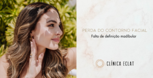 Perfil de mulher ao ar livre sob a luz do sol, destacando a pele do rosto, ao lado do texto sobre contorno facial e definição.